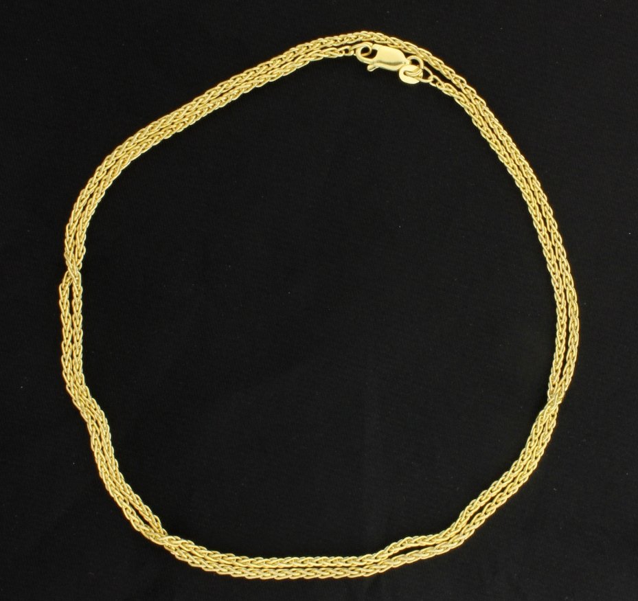 24 Inch Byzantine Chain: The chain is 14K yellow gold and is 1.5mm wide. It has a lobster clasp. 9.6g