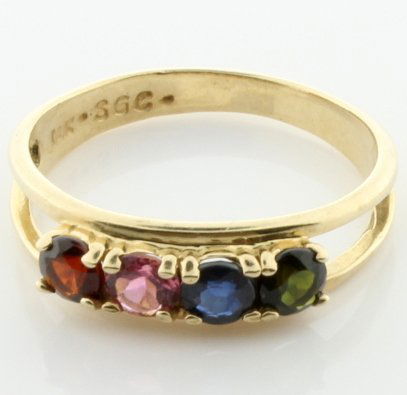 Multi Color Gemstone Ring: In 10K yellow gold, there are four 3.5mm round gemstones - synthetic ruby, morganite, blue spinel, and lab emerald. Size 6 3/4 2.0g