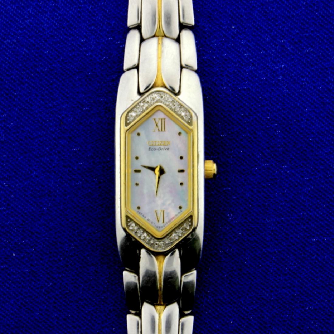 Ladies Diamond Citizen Eco Drive Watch: In Two-Tone stainless steel this watch is in great condition with only minor scratching. 34.3g