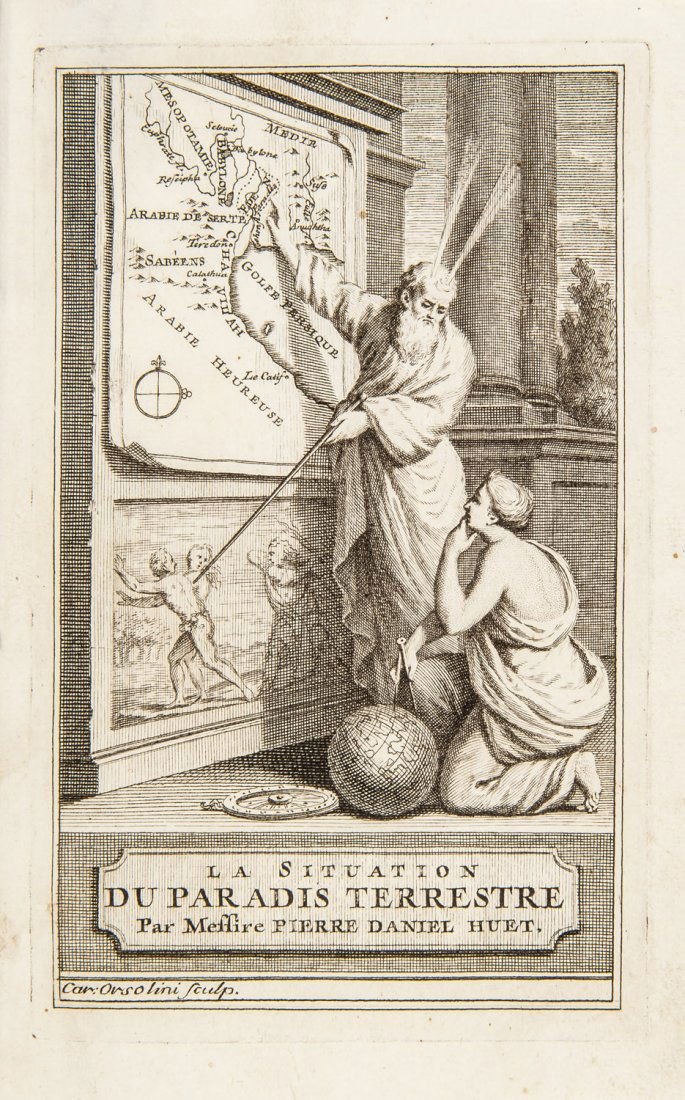 HUET. Trattato della situazione del paradiso terrestre.: HUET, Pierre Daniel. Trattato della situazione del paradiso terrestre.Venezia, G. Albrizzi, 17378vo, 163x115 mm; sewing binding. Frntispiece engraved by C. Orsolini : “La situation du paradis terres