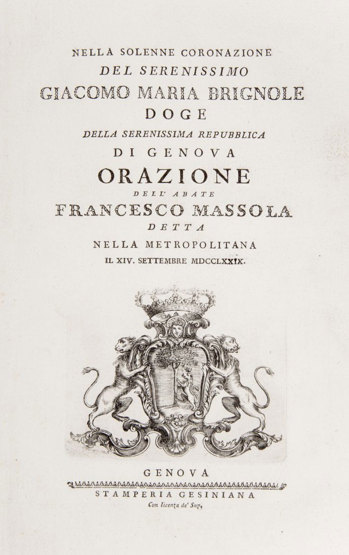 [GENOVA FESTIVALS] Nella solenne Coronazione del Sereni: FESTE GENOVA. NICCOLAI, P. Alfonso. Nella solenne Coronazione del Serenissimo Marcello Durazzo Doge della Serenissima Repubblica di Genova Orazione del P. Alfonso Niccolai della Compagnia di Gesù det