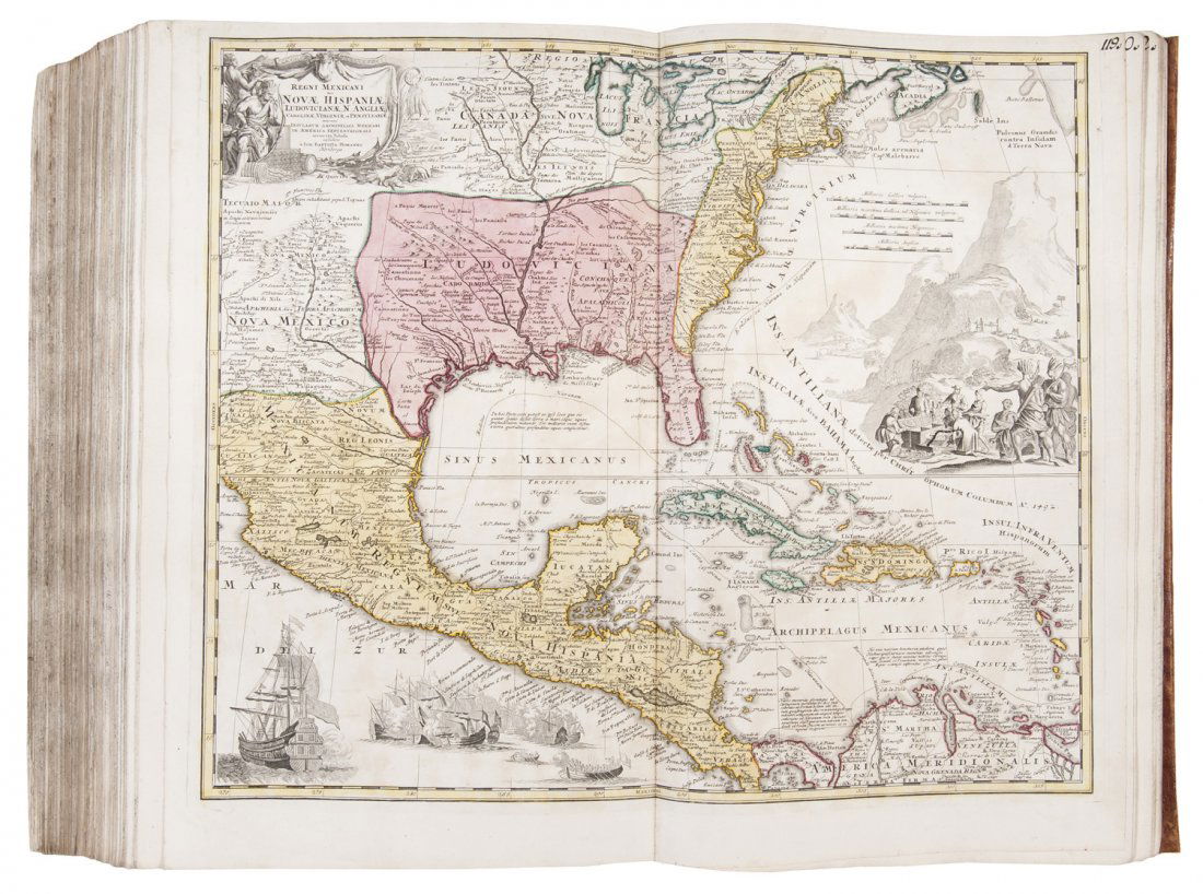 HOMANN ATLAS. Collection of 125 maps: HOMANN HEIRS. Collection of 125 maps, without titlepage. Nuremberg, about 1702-60. Folio 523x308 mm; 125 contemporary stunning hand colored (few uncolored) doublepage or folding engraved maps, plates