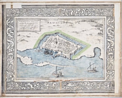 [CYPRUS] Georg Braun. Famaugusta: Cyprus. Frans Hogenberg e Georg Braun. Famaugusta civica Cypri. Cologne, 1572. Incisione in coloratura coeva, 255x320 mm