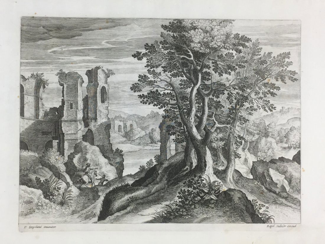 SADELER-STEVENS. Paesaggio con cavaliere.: Raphael SADELER–Peter STEVENS. 1560-1629Paesaggio con cavaliere.Bulino, mm. 208x273. Iscr.: al piede a sin.: P. Stephani inventor; a dx.: Ralph. Sadeler excud. Ampi margini. Ottimo stato di conserv