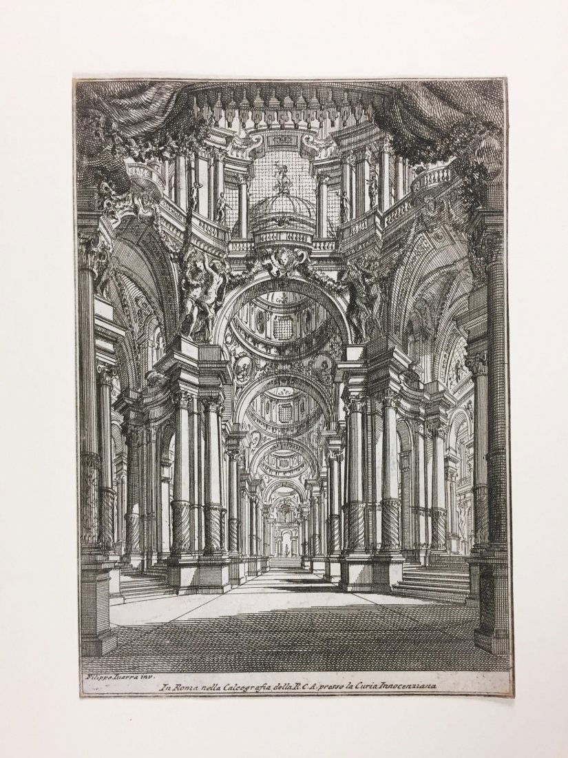 JUVARRA. Interno di edificio.: Filippo JUVARRA. 1678-1736Interno di edificio. Prima metà del XVIII secoloAcquaforte; mm. 192x137; filomargine. In basso a sx.: Filippo Iuarra inv. In basso al centro: In Roma nella calcografia della