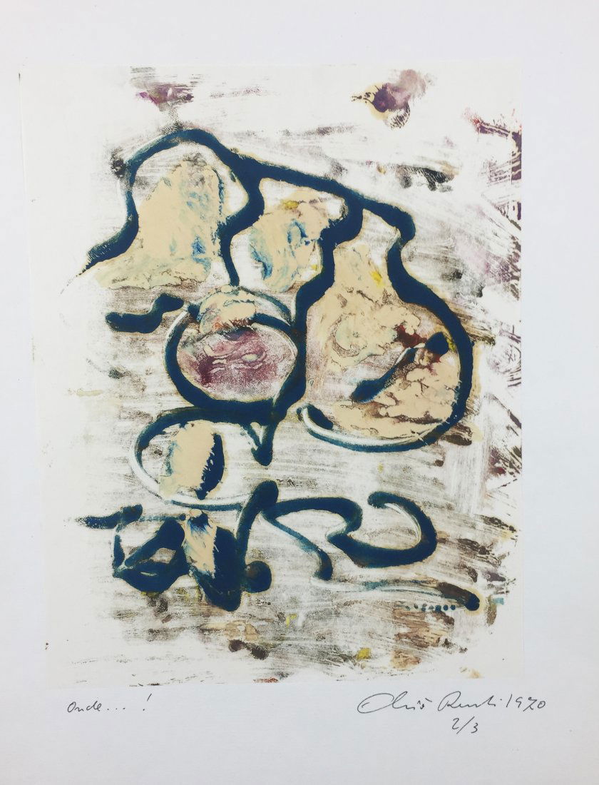 RENTI. Anche…!: Olivio Anche…! 1970Foglio 280x220. Tecnica mista, acquerello e tempera su carta. Titolo, firma, data e numero 2/3 a matita sul cartoncino di supporto in basso. Ottima conservazione.