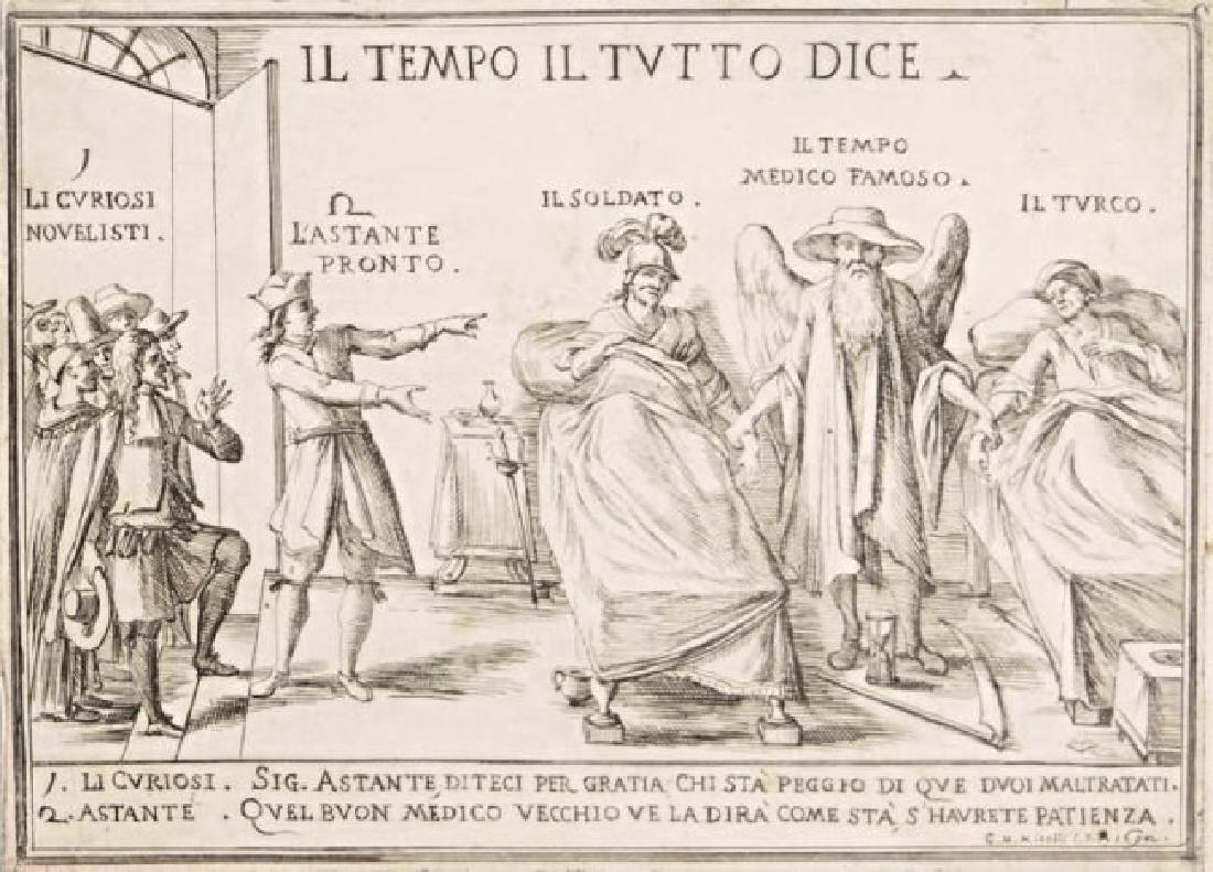 Popular print. Giuseppe Maria Mitelli Il Tempo il tutt: Giuseppe Maria Mitelli. Il Tempo il tutto dice. Bologna. 1692 Acquaforte. Piccolo margine. In basso dx.: G.M. Mitelli I E F. 1692. Buono stato di conservazione.Splendida stampa di carattere popolare c