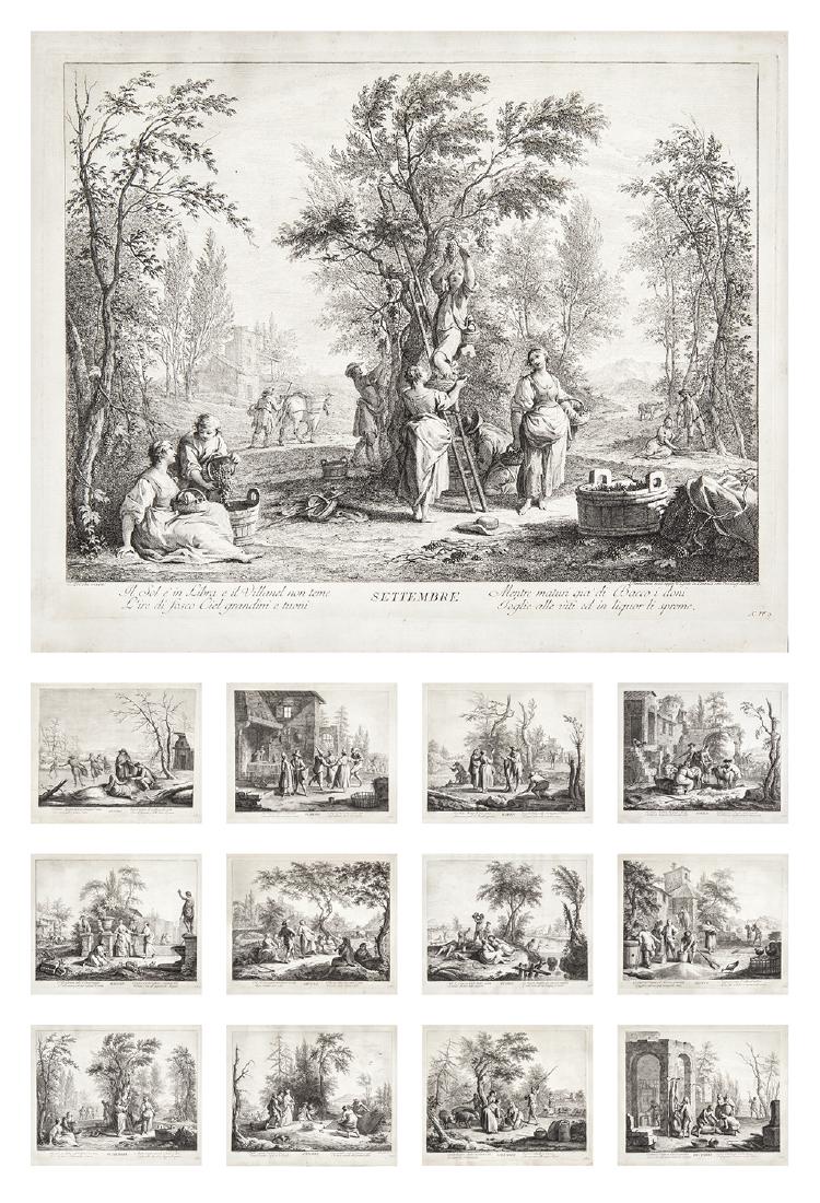 BARTOLOZZI. The twelve months: Serie completa dei mesi dell'anno del Bartolozzi. Francesco Bartolozzi. I Dodici Mesi. Venezia, Wagner. 1761 Dodici incisioni all'acquaforte e bulino; inciso di 330x460 mm. In basso al centro il nome