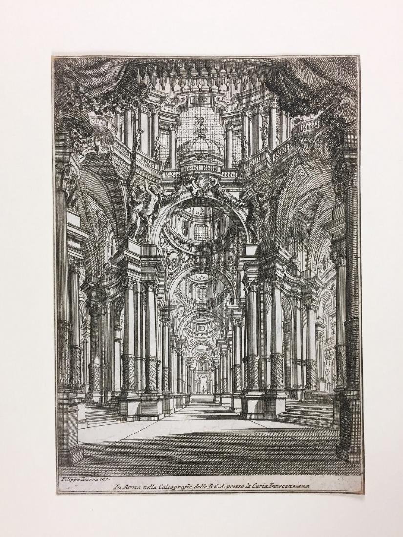 Filippo JUVARRA. Interno di edificio.: Filippo JUVARRA. 1678-1736Building interior. First half of the 18th centuryEtching; mm. 192x137; trimmed. Lower left: Filippo Iuarra inv. Bottom center: In Rome in the chalcography of R.C.A. at the In