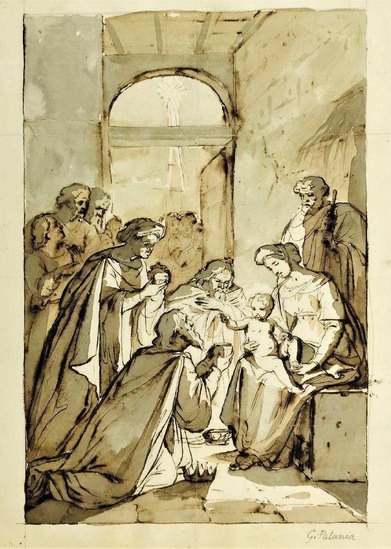 Acquarello. Patania. Madonna con Bambino e Re Magi.: Acquarello. PATANIA, Giuseppe. Madonna con Bambino e Re Magi. 1780-1852 Acquarello in inchiostro bruno, mm. 326x196, incollato su cartoncino. Firmato in basso a destra.