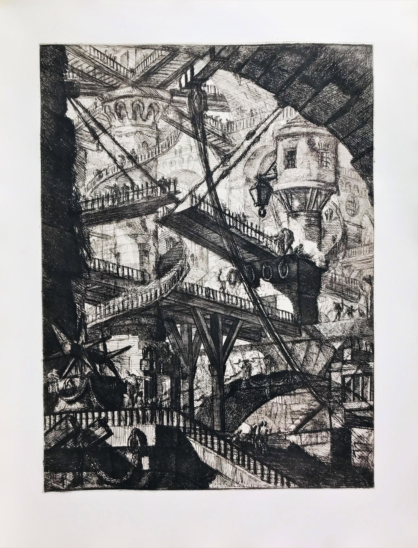 PIRANESI - BRACONS - DUPLESSIS. Carceri d’invenzione.: PIRANESI, Giambattista – BRACONS-DUPLESSIS. Carceri d’invenzione.Roma, Eldec, 1961 Folio grande, mm. 680x520. Custodia-portafoglio in cuoio pesante lavorato e tinteggiato a mano, titolo e impressi