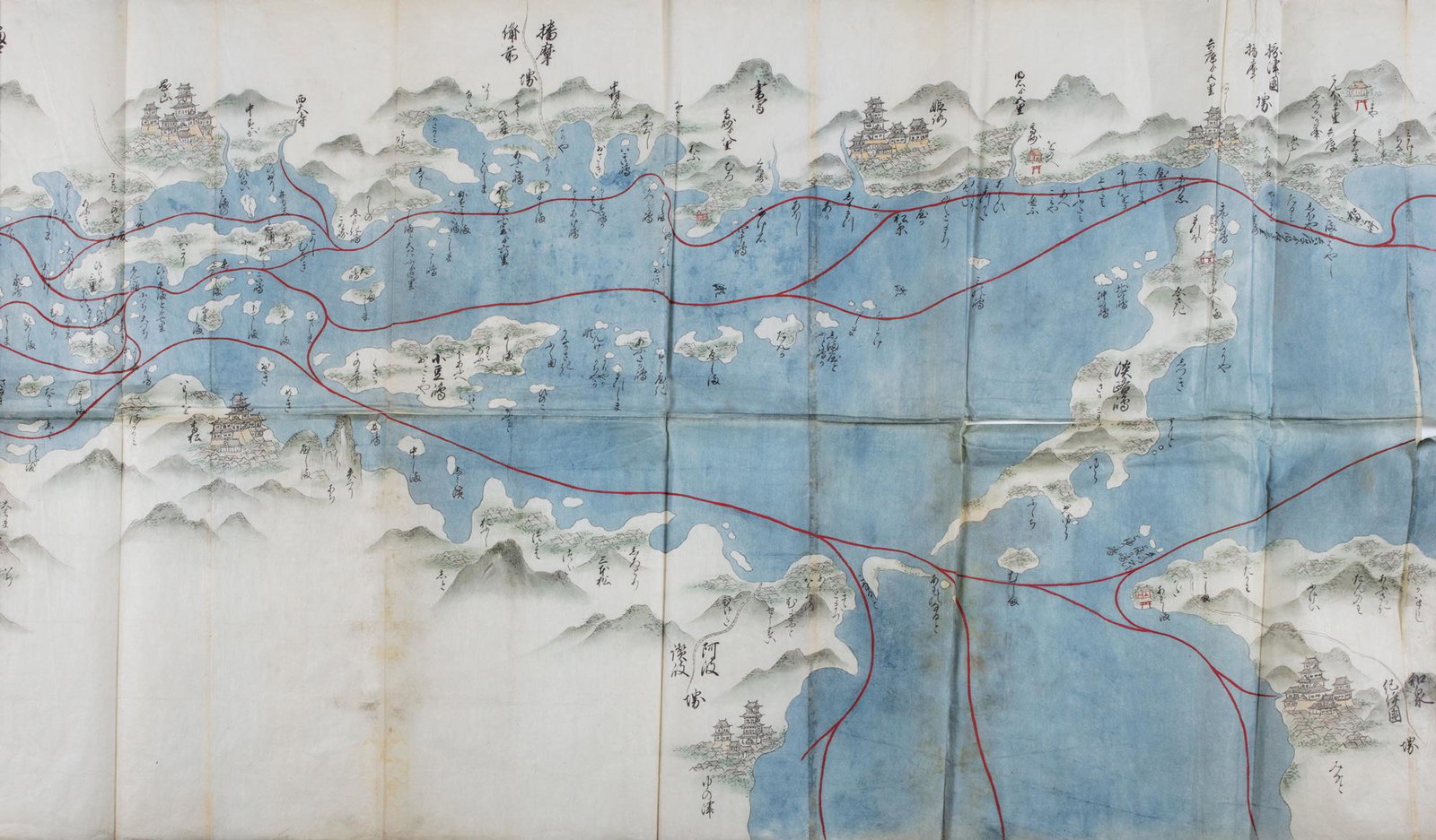 Japan. Seto inner sea.: Japan. Seto inner sea.XIXth century, [Edo period]Manuscript nautical chart, mm. 3300 x 5750. Very rare commercial nautical chart engraved on wood with the commercial nautical routes highlighted in red