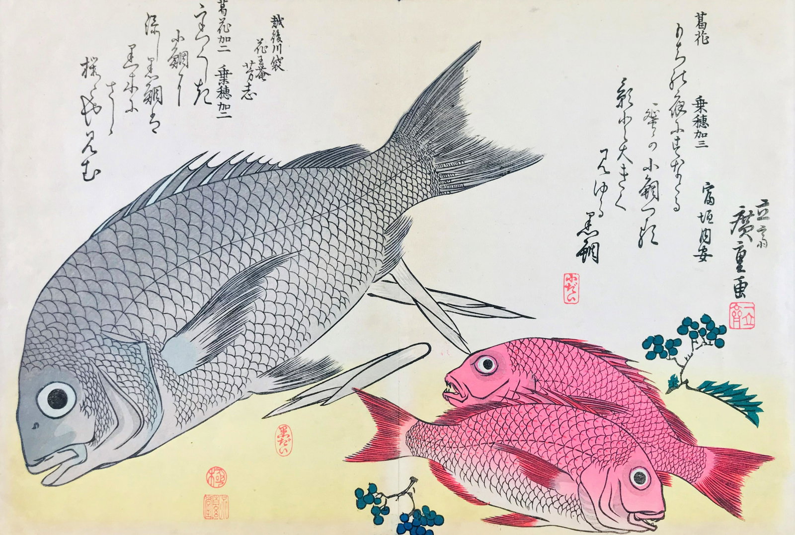 Japanese Watercolor. HIROSHIGE. Couple of fishes.: Japanese Watercolor. HIROSHIGE, Utagawa Ando. 1797–1858Couple of fishes. Edo period, half of the XIXth century.Polychrome woodcut on double leaf mm 238x350. Good condition. Further Details Famou