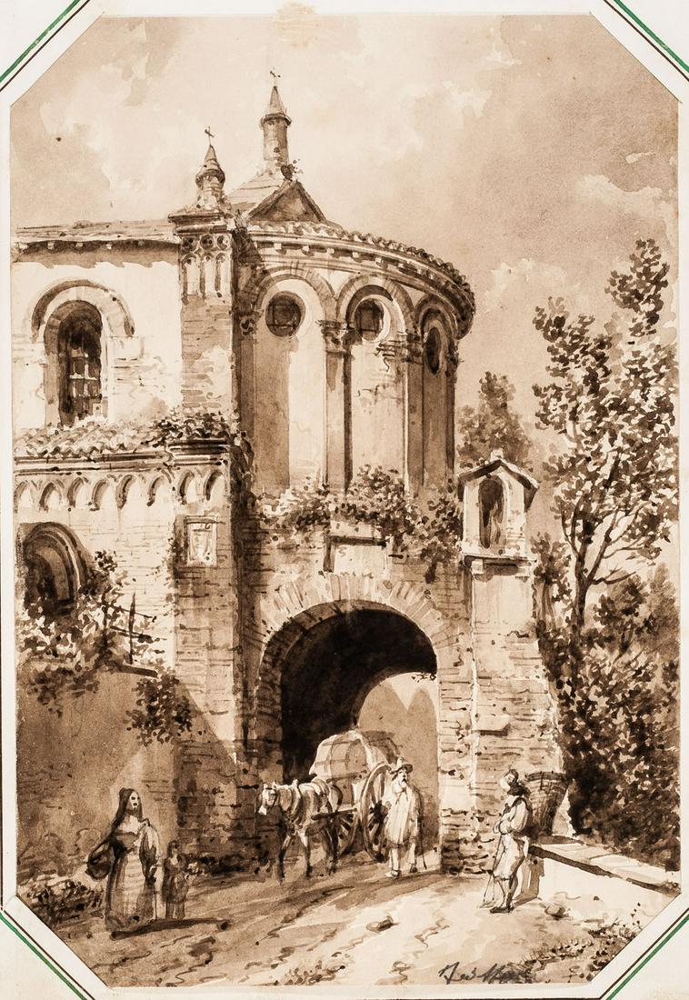 Attribuito a CAFFI. Paesaggio con abside di chiesa, (1 of 1)