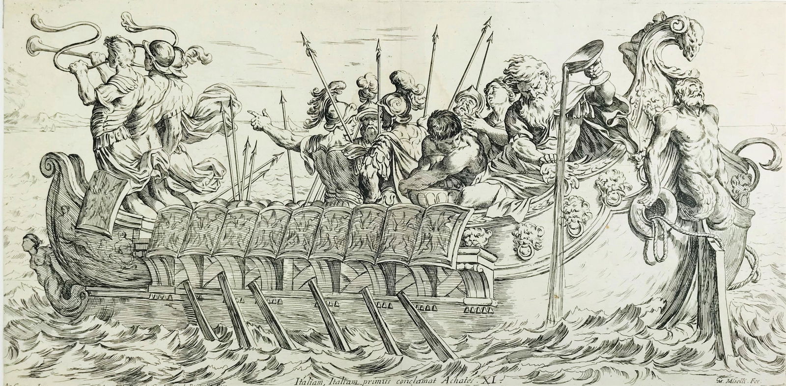MITELLI – CARRACCI. Ialiam, Italiam, Primus: Giuseppe Maria MITELLI – Annibale CARRACCI.1634–1718 1560–1609Ialiam, Italiam, Primus conclamat Achates XI. 1663Acquaforte e bulino; mm. 247x510, ampi margini, ottima impressione. Be