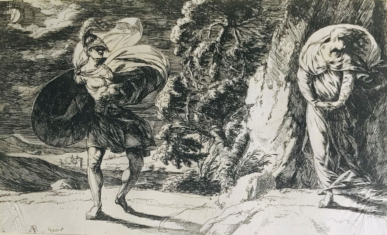 RUNCIMAN. Ten etchings.: Alexander RUNCIMAN. Cormar attacca lo spirito delle acque.1736-1785Acquaforte di 76x129 mm. In basso al centro firmato: ARunciman inv & fecit; in basso a dx: Old Fiengal. Incollata su cartoncino a