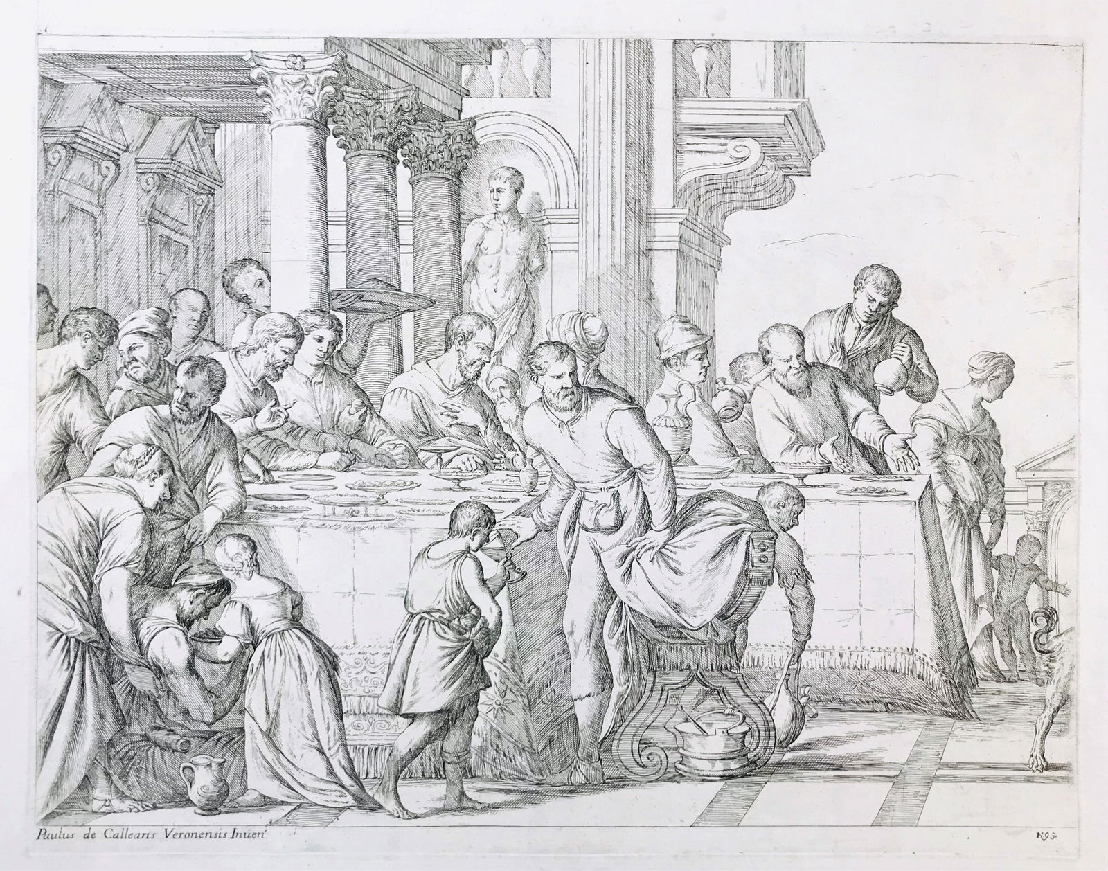 MITELLI. Dinner in the house of Simone Fariseo.: Giuseppe Maria MITELLI. 1634 - 1718Dinner in the house of Simone Fariseo.Acquaforte. Inciso: 333x425 mm. Ampi margini. Stato: II/II. Impressa su carta forte vergellata. Iscrizioni: In basso, a sin. &#