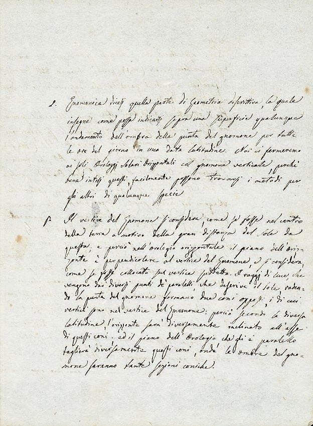 Sundials. Memoria sugli orologi solari orizzontali.: Memoria sugli orologi solari orizzontali.Mss. cartaceo, XVIII secoloIn folio, mm. 254x190; Leg. coeva in cartonato; cc. 10 nn.; nitida scrittura corsiva, inchiostro seppia. Ottimo stato di conservazio