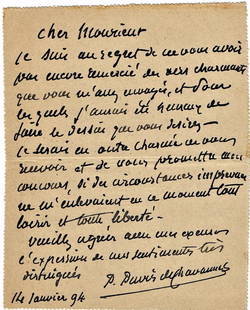 Autograph. Pierre PUVIS DE CHAVANNES. Lettera autografa: Pierre PUVIS DE CHAVANNES(1824-1898)Lettera autografa a Jérôme Doucet, firmata.14 gennaio 1894Carte-Lettre viaggiata. Una pagina in 8vo con il testo, 140 x110 mm. Sul retro indirizzo e affrancat