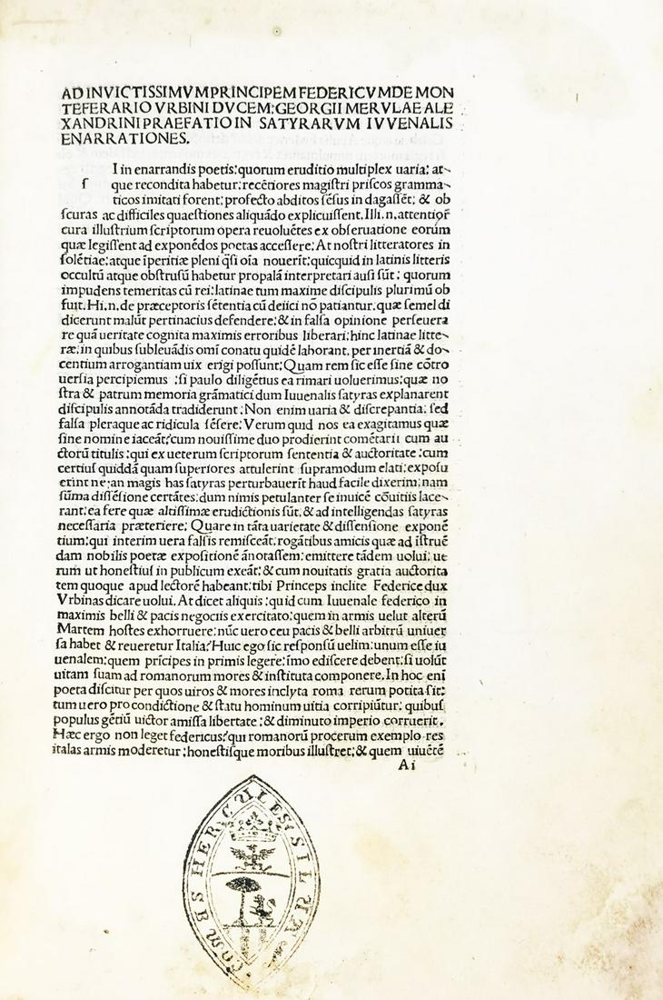Incunabulum. JUVENALIS. Enarrationes Satyrarum Iuuenalis. (1 of 4)