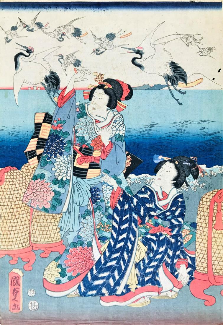 KUNISADA. Two ladies with herons in flight. (1 of 1)