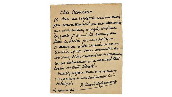 Autograph. Pierre PUVIS DE CHAVANNES. Lettera autografa a Jérôme Doucet, firmata.: Pierre PUVIS DE CHAVANNES(1824-1898) Lettera autografa a Jérôme Doucet, firmata.14 gennaio 1894 Carte-Lettre viaggiata. Una pagina in 8vo con il testo, 140