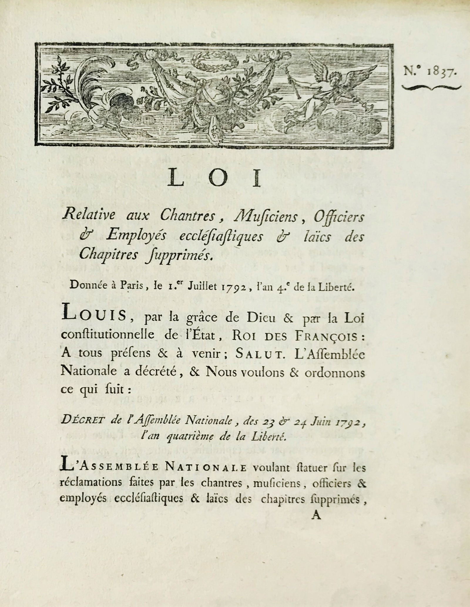 French Revolution. Decree in favor of musicians and singers. (1 of 1)