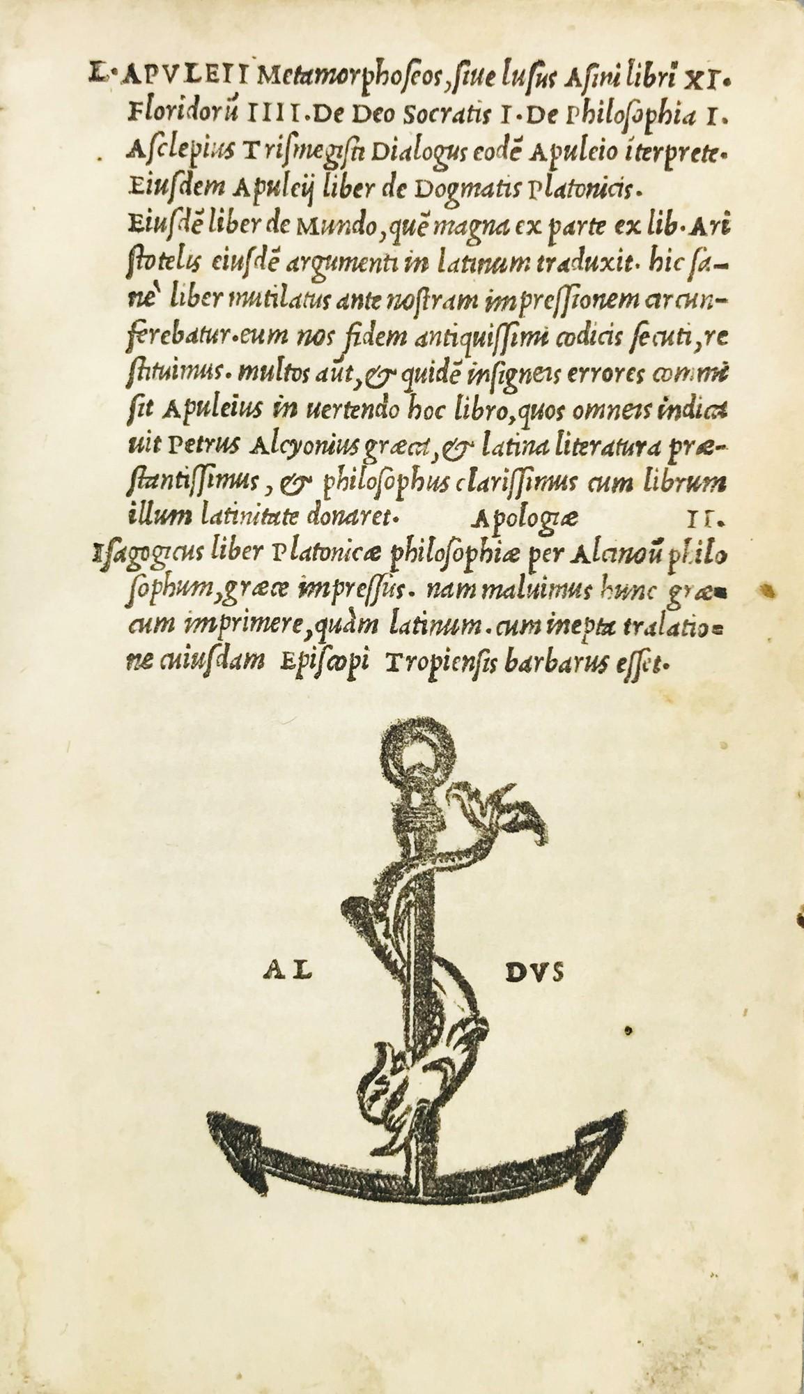 Aldine. APULEIO. Metamorphoseos ... Ad Platonis dogmata introductio. (1 of 6)
