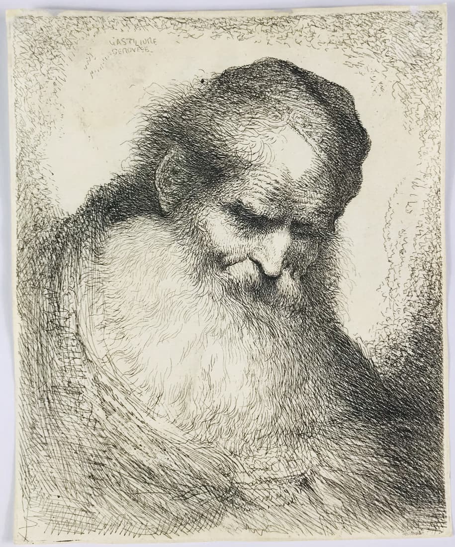 CASTIGLIONE. A bearded man wearing a cap looking down to the right.: Giovanni Benedetto CASTIGLIONE, detto il Grechetto.1609-1664Un uomo barbuto che indossa un berretto che guarda in basso a destra.1645-1650 ca.Acquaforte. Foglio: 184x162 mm. Inciso: 178x147 mm. Firmat