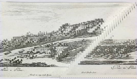 SILVESTRE. Veue du Palais Maior de Rome.: Israel SILVESTRE. Veue du Palais Maior de Rome.Paris, Israël Henriet, 1650 ca.Incisione all’acquaforte e bulino. 120x240 mm. Iscrizioni, nel margine inferiore: dx. “Israel Silvestre f