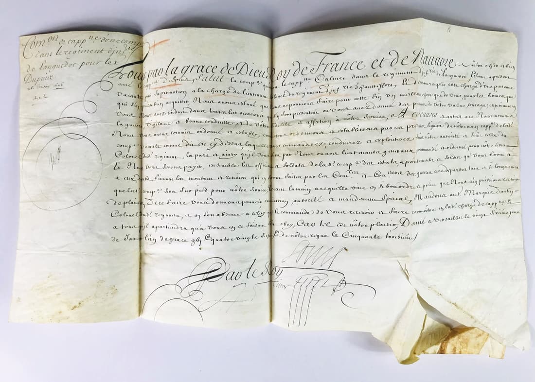 Sun King. LOUIS XIV. Vellum document signed 'Louis'. (1 of 2)