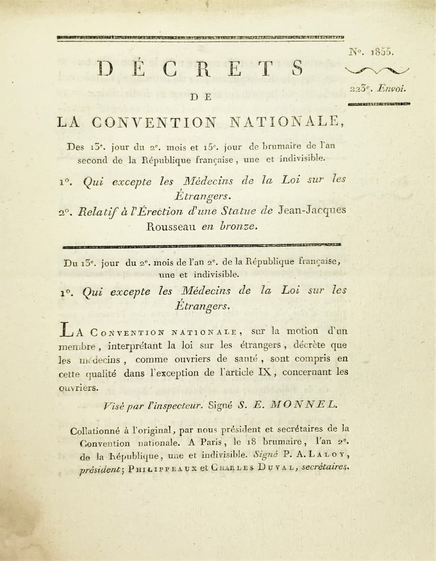 French Revolution. Police measures against foreigners & Bronze Statue for J.J. Rousseau. (1 of 1)
