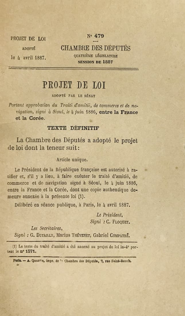 Korea. FLOQUET. Projet de Loi adopte par le Senat Portant approbatione du Traite d’amiie, de (1 of 1)