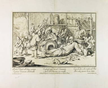 BOMBELLI. Storie di Pulcinella.: BOMBELLI, Pietro Leone. Storie di Pulcinella.Napoli, 17804 Acquaforti. Inciso di 350x505 mm. Grandi margini. In Cartiglio nella prima incisione “Pier Leone Ghezzi Inventò / Pier Leone Bombe