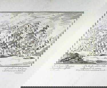 BOMBELLI. Storie di Pulcinella.: BOMBELLI, Pietro Leone. Storie di Pulcinella. Napoli, 1780 4 Acquaforti. Inciso di 350x505 mm. Grandi margini. In Cartiglio nella prima incisione “Pier Leone Ghezzi Inventò / Pier Leone Bom