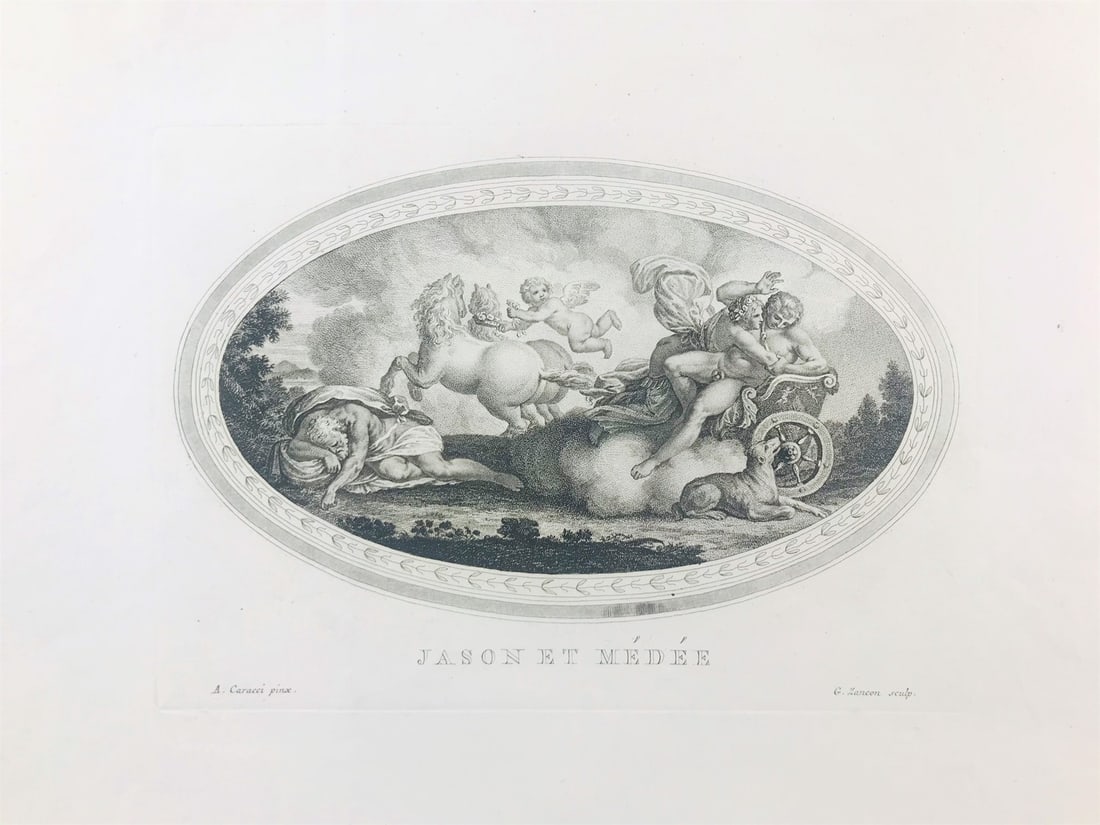 CARRACCI – ZANCON. Jason et Mèdée.: Annibale CARRACCI – Gaetano ZANCON 1560 – 1609; 1771-1816 Jason et Mèdée. Fine XVIII secolo Incisione su rame. 195x270 mm. Ampi margini. Impressa su carta forte con filigrana 