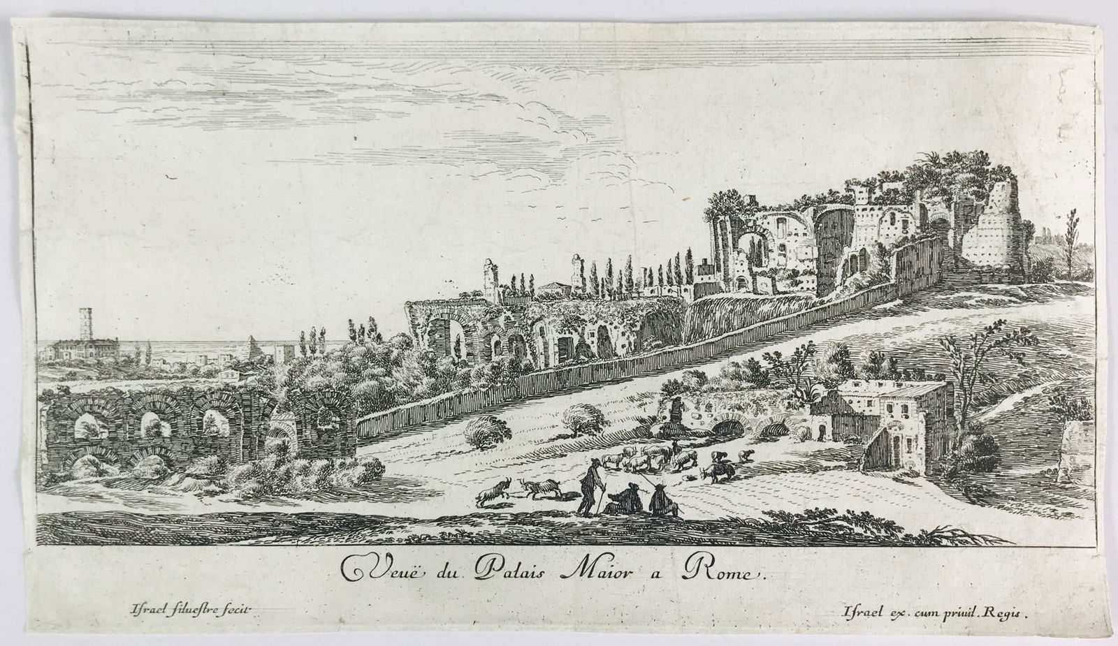 SILVESTRE. Veue du Palais Maior de Rome.: Israel SILVESTRE. Veue du Palais Maior de Rome.Paris, Israël Henriet, 1650 ca.Incisione all’acquaforte e bulino. 120x240 mm. Iscrizioni, nel margine inferiore: dx. “Israel Silvestre f