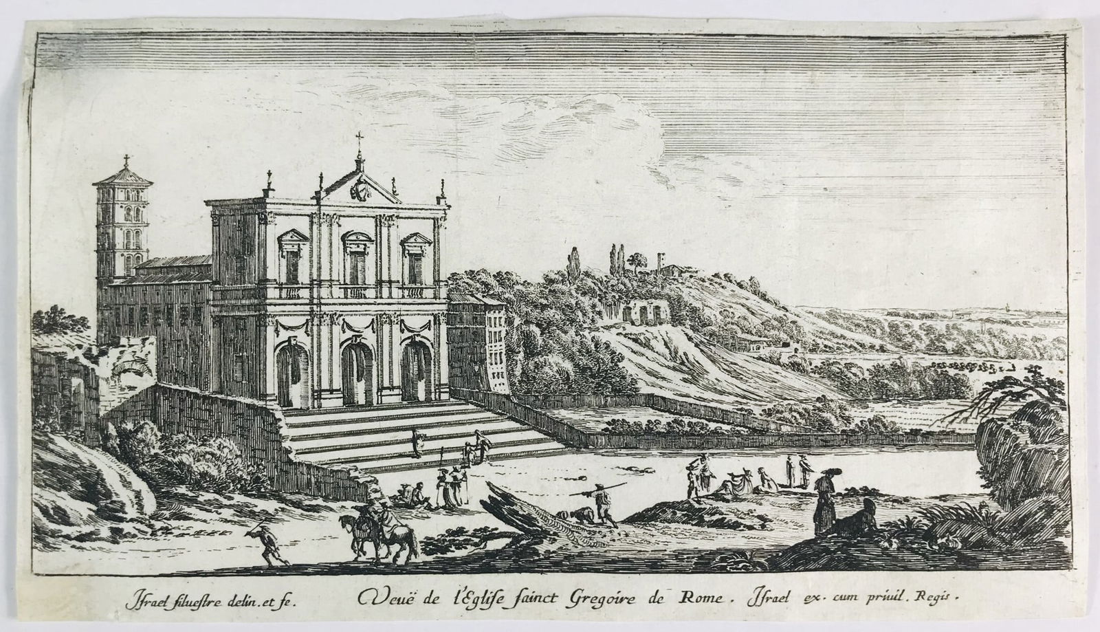 SILVESTRE. Veue de l’Eglise sainct Gregoire de Rome.: Israel SILVESTRE. Veue de l’Eglise sainct Gregoire de Rome.Paris, Israël Henriet, 1650 ca.Incisione all’acquaforte e bulino. 120x240 mm. Iscrizioni, nel margine inferiore: dx. “