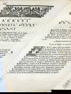 Law System - Allocation of leases for the Compagnie des Indes. Arrest du Conseil d'Etat du Roy, Pour: Arrest du Conseil d'Etat du Roy, Pour la Prise de Possession de la Ferme Generales Unies, par la Compagnie des Indies, sous le nom d'Armand Pillavoine pour neuf Années,… du Premier Septembr