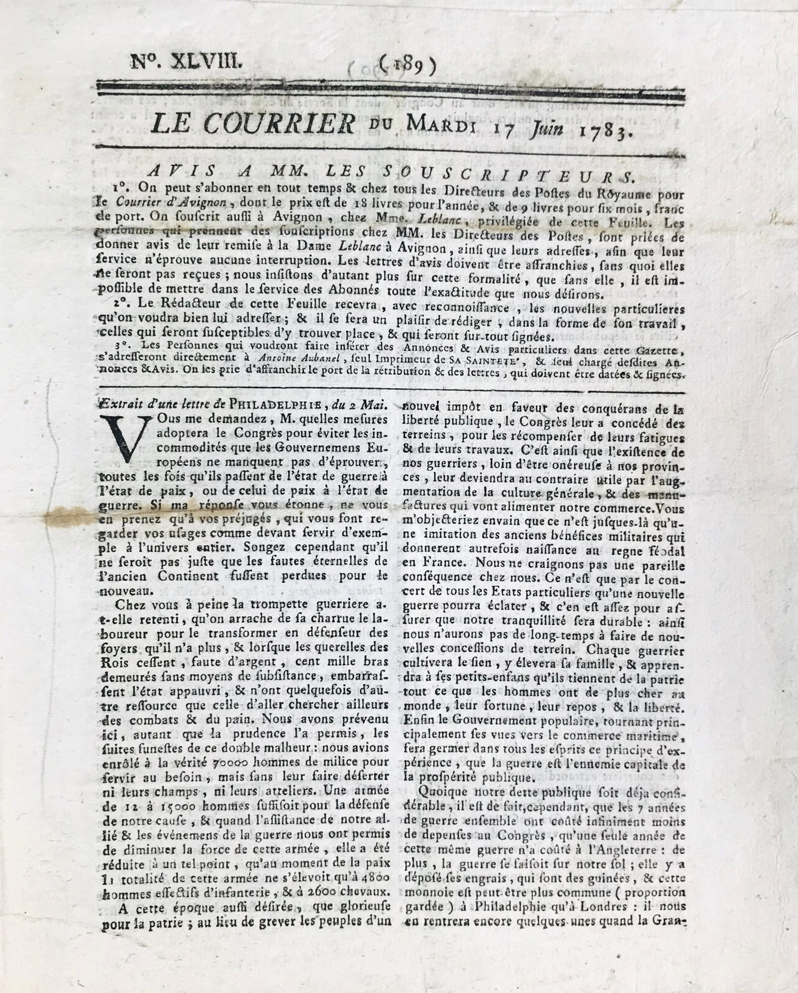 American Revolutionary War. Le Courrier du Mardi 17 Juin 1783.: Le Courrier du Mardi 17 Juin 1783.Avignon, Antoine Aubanel, [1783]4to; 235x190 mm. 4 pagine, numerate 189-192 [192 stampata al contrario]. Leggere macchie alla prima carta, buon esemplare.Interessante