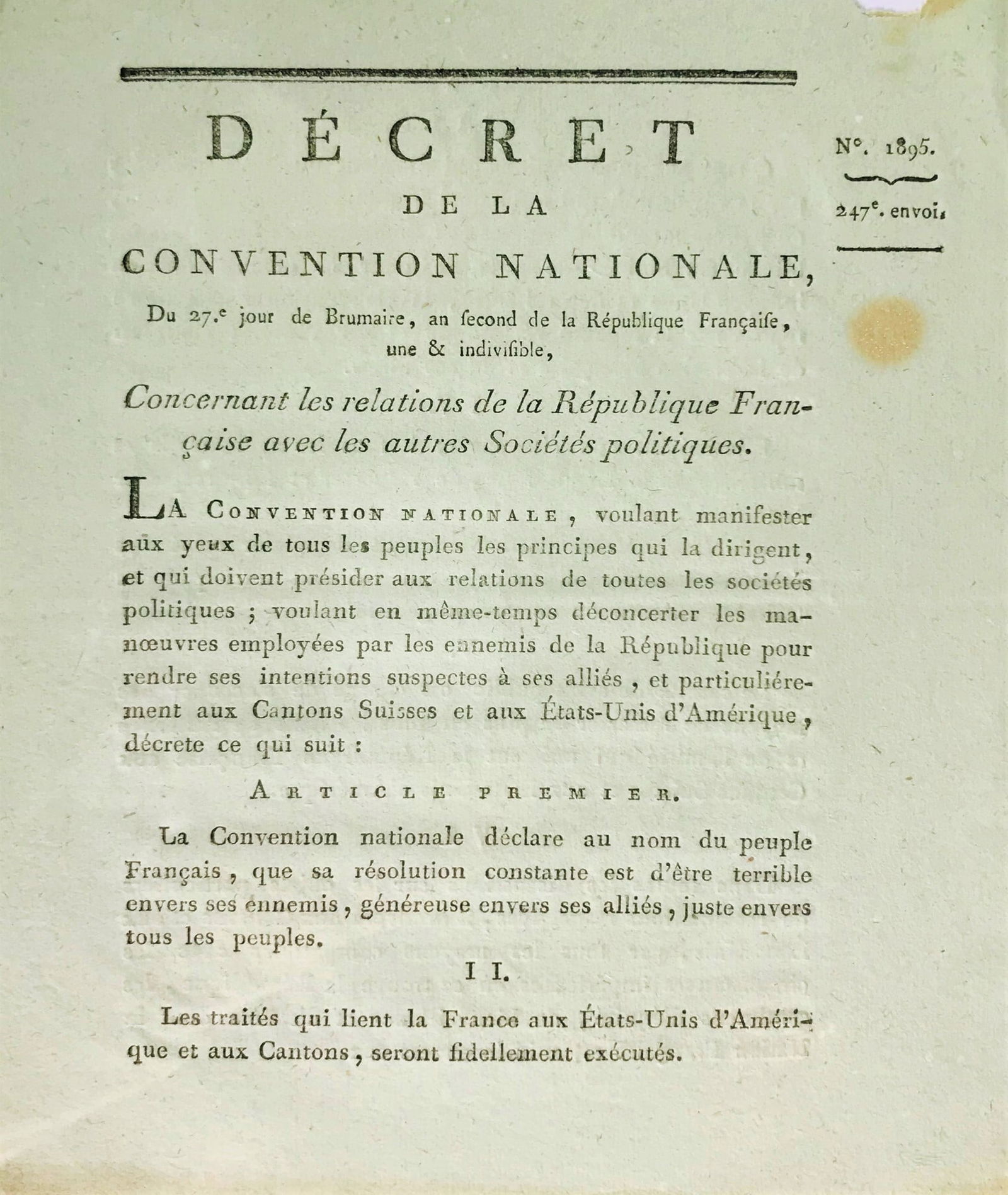 Franco-American Relations. Decret de la Convention Nationale… Concernant les relations de la (1 of 1)