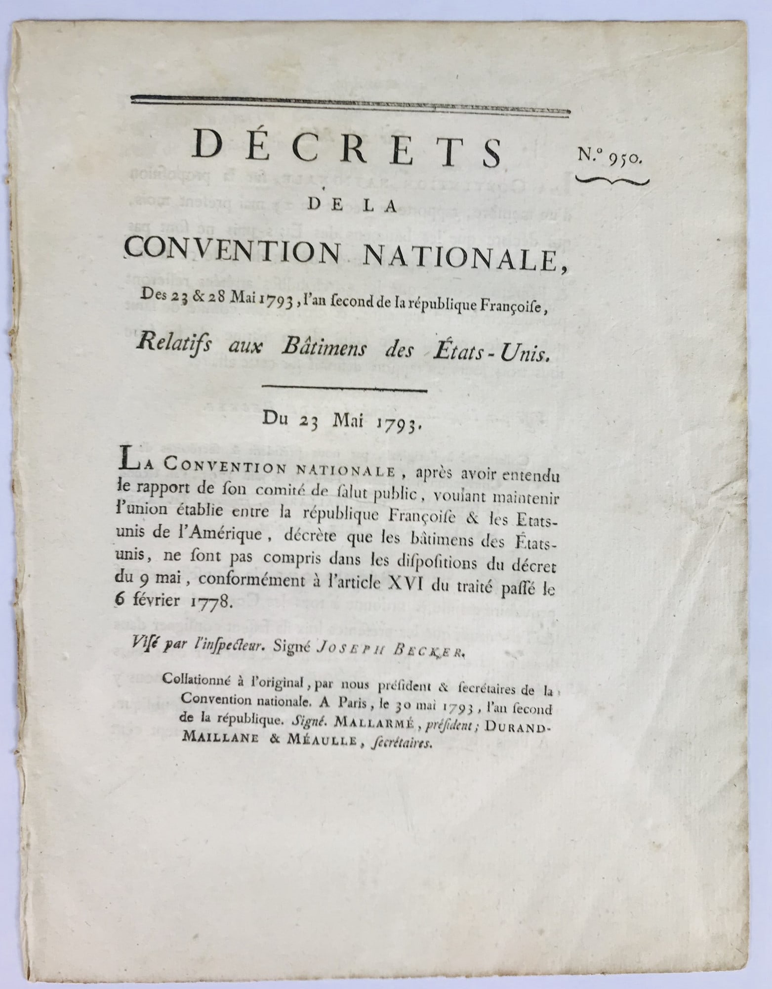 French Revolution. Trade with the United States. Decrets de la Convention Nationale … Relatifs (1 of 1)