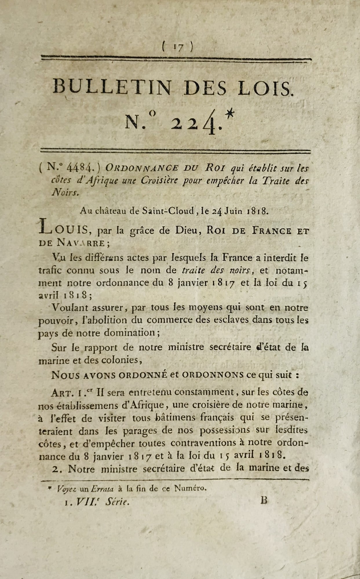 SLAVERY.  Luigi XVIII King of France. Bullettin des Lois n. 224. Ordonnance de Louis XVIII qui (1 of 1)