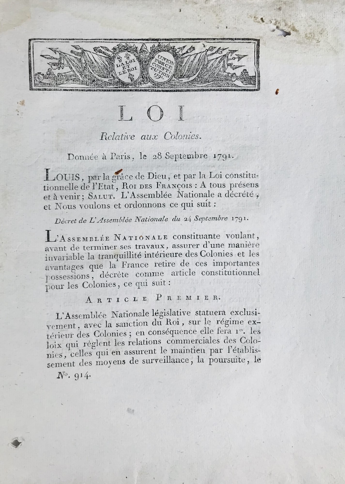 SLAVERY. Slaves in the French Colonies. Loi relative aux Colonies. (1 of 1)