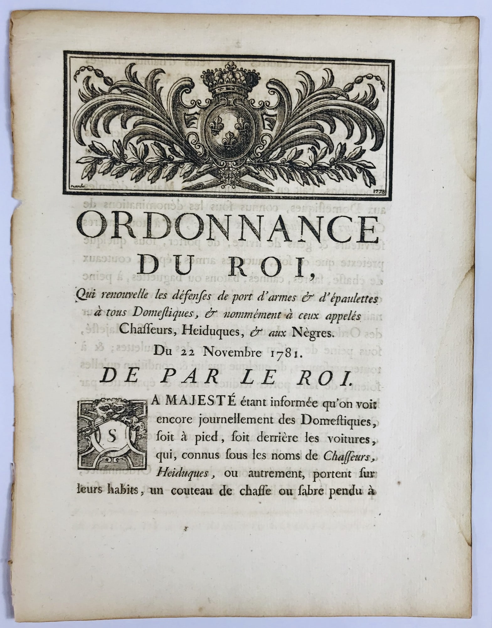 No weapons for servants and Negroes. Ordonnance du Roi, Qui renouvelle les defenses de port d’ (1 of 1)