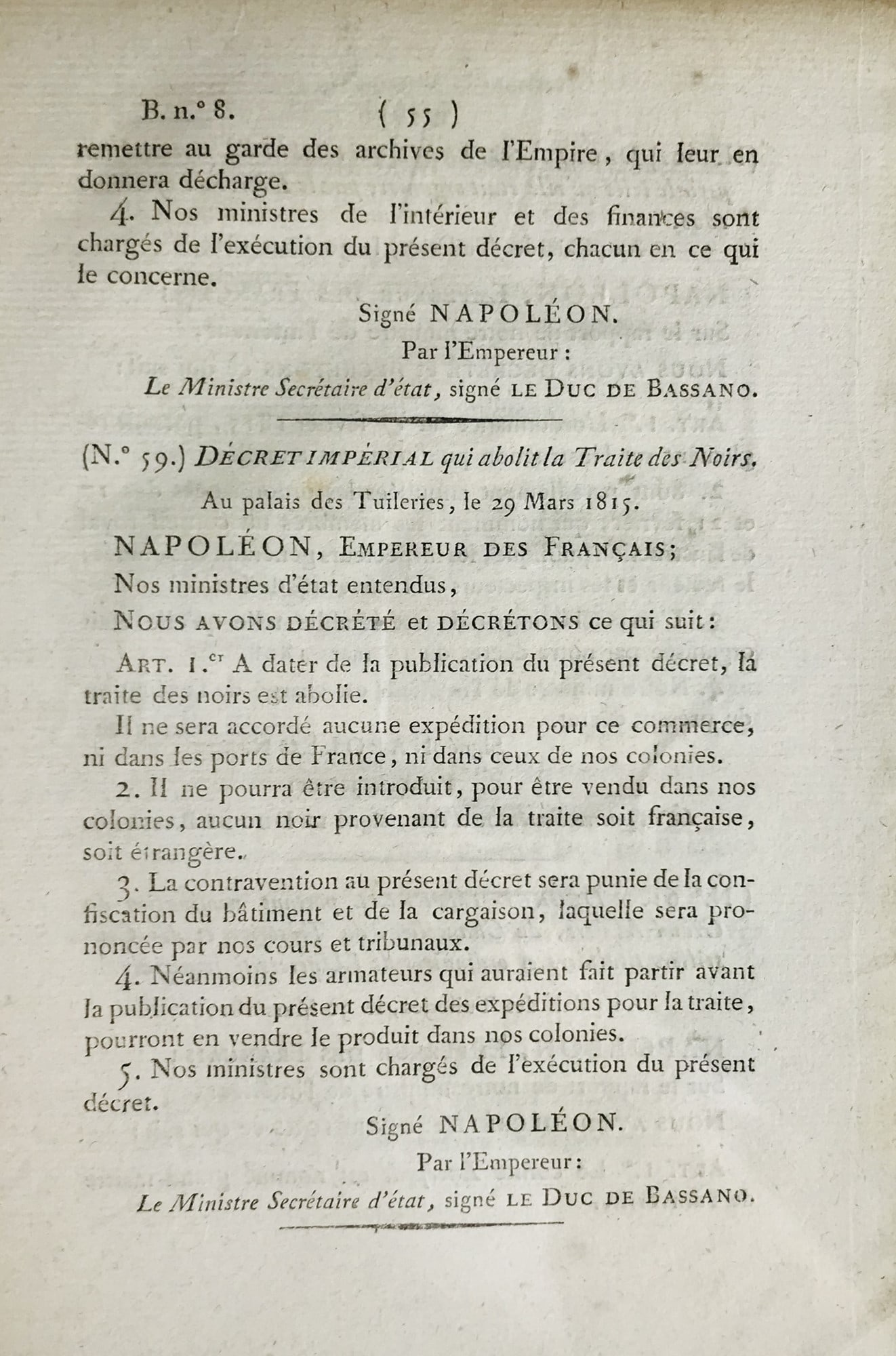 SLAVERY. Hundred Days. Napoleon's decree abolishing the slave trade. Bullettin des Lois n. 8. Decret (1 of 1)