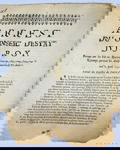 Law System - Lowering Value of Small Denomination Coins. Arrest du Conseil D’Estat du Roy,: Arrest du Conseil D&#8217;Estat du Roy, Portant que les Sols ou Douzains n'auront plus cours dans tout le Royaume que pour 25 deniers au lieu de 27 deniers. Du 3 Juin 1721.[1721]4to; 230x190 mm. Pp. 2