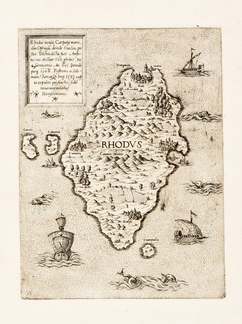 Rhodes. LAFRERI. Rhodus insula Carparij maris...: LAFRERI, Antonio. Rhodus insula Carparij maris [...].Rome, A. Lafreri, c. 1570Incisione, 272 x 205 mm, su carta vergata con filigrana (cervo in scudo con croce, vicino a Briquet 3338). Grande copia ma