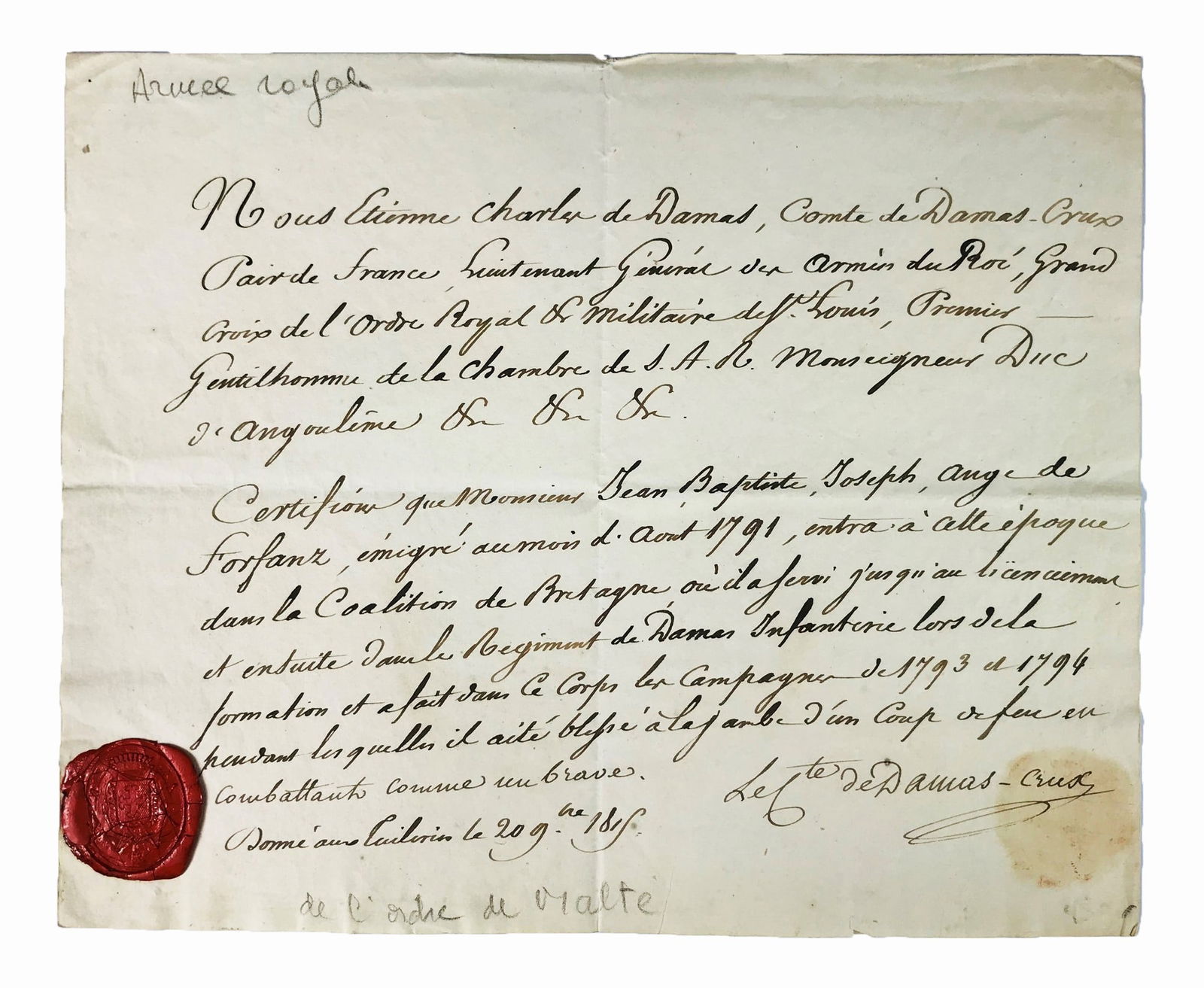 Order of Malta. Three handwritten letters on admission into the Order of Malta and Duty Certificate (1 of 4)