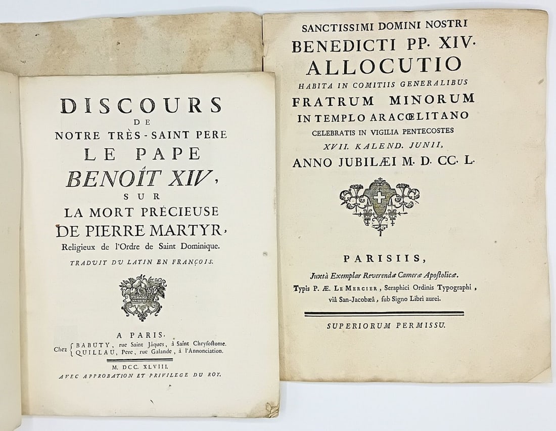 China - Martyrdom. Two religion pamphlets by Pope Benedict XIV.: Due opuscoli religiosi di Papa Benedetto XIV.Interessante il Discorso pronunciato da papa Benedetto XIV al Concistoro del 16 Settembre 1748 incentrato sulla morte “per la difesa della Fede”